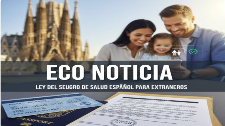 Tarjeta sanitaria española, pasaporte y documentos oficiales que ilustran las actualizaciones de la Ley del Seguro de Salud para extranjeros.