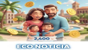 Ilustración de apoyo financiero para familias en España, representando la ayuda de 2400 euros por hijo anuales.