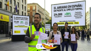 Inmigrantes con contratos indefinidos y permisos de residencia por arraigo en España frente a un centro de empleo