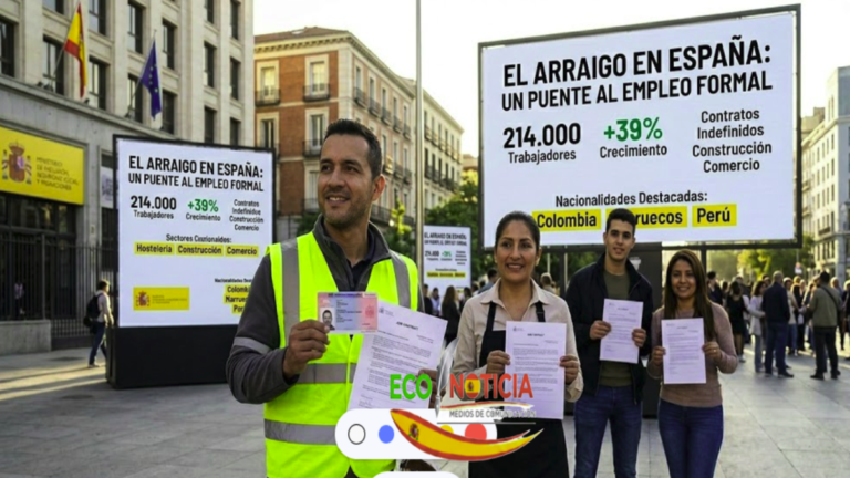 Inmigrantes con contratos indefinidos y permisos de residencia por arraigo en España frente a un centro de empleo