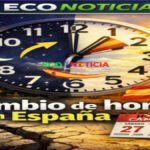 Infografía de ECO NOTICIA sobre el cambio de hora en España mostrando un reloj dividido entre el día y la noche con el calendario de marzo.