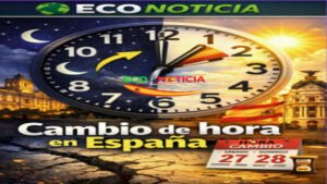 Infografía de ECO NOTICIA sobre el cambio de hora en España mostrando un reloj dividido entre el día y la noche con el calendario de marzo.