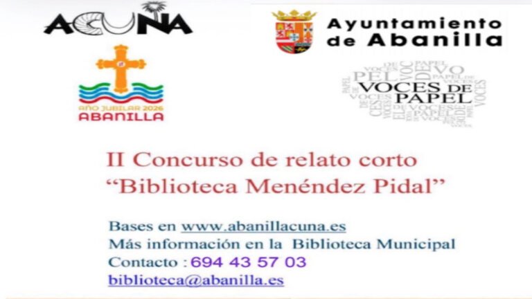 Cartel oficial del II Concurso de relato corto Biblioteca Menéndez Pidal en Abanilla 2026.