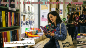 Lectora joven en Madrid rodeada de libros de editoriales españolas como Puck y Penguin Random House, representando la hegemonía del indie y los gigantes editoriales.
