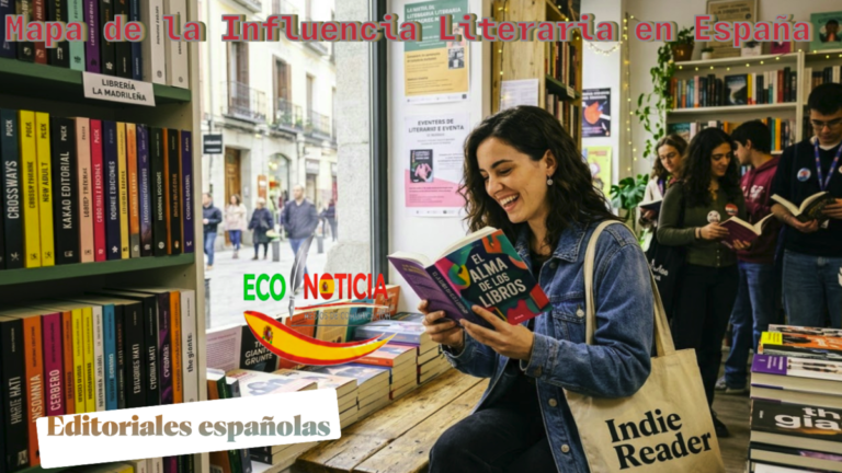 Lectora joven en Madrid rodeada de libros de editoriales españolas como Puck y Penguin Random House, representando la hegemonía del indie y los gigantes editoriales.