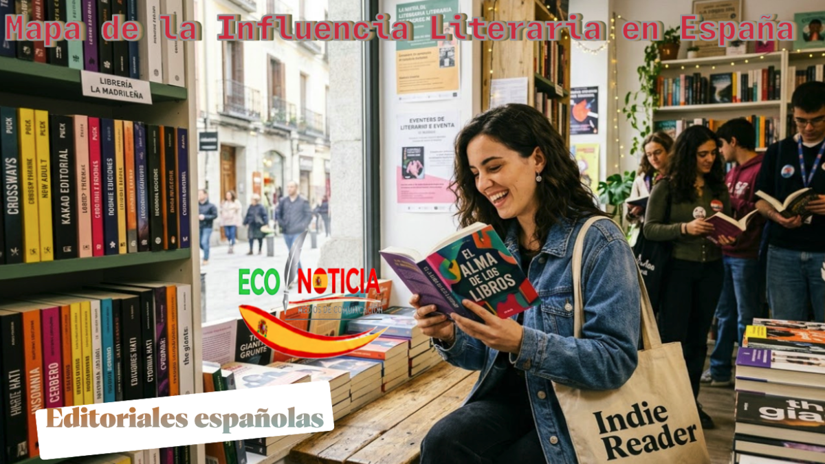 Lectora joven en Madrid rodeada de libros de editoriales españolas como Puck y Penguin Random House, representando la hegemonía del indie y los gigantes editoriales.