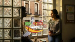 Una joven solicitante de asilo en España sostiene una planta de olivo frente a una ventana en Madrid, ECO NOTICIA.