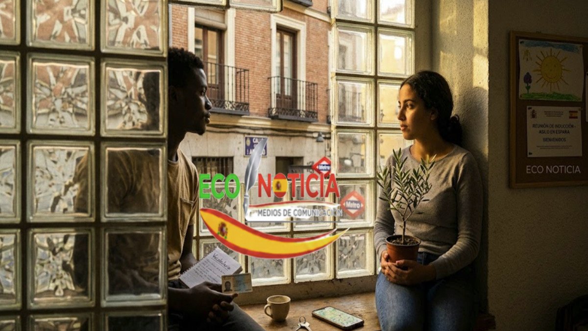 Una joven solicitante de asilo en España sostiene una planta de olivo frente a una ventana en Madrid, ECO NOTICIA.