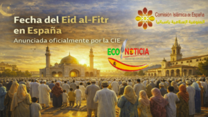 Fecha del Eid al-Fitr en España anunciada por la Comisión Islámica de España con imagen de oración الجماعية