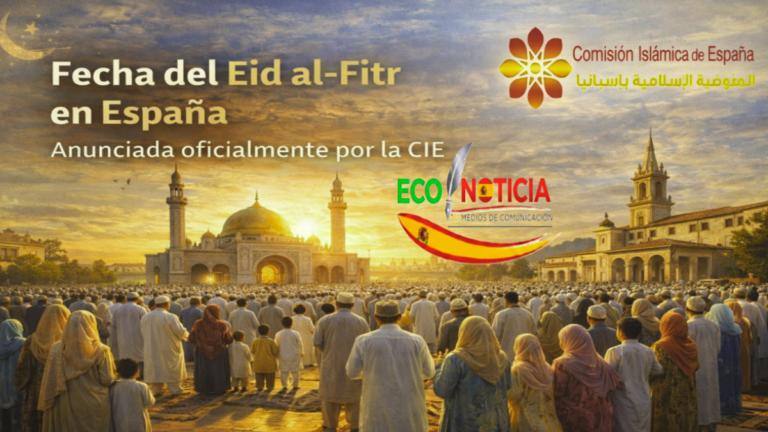 Fecha del Eid al-Fitr en España anunciada por la Comisión Islámica de España con imagen de oración الجماعية