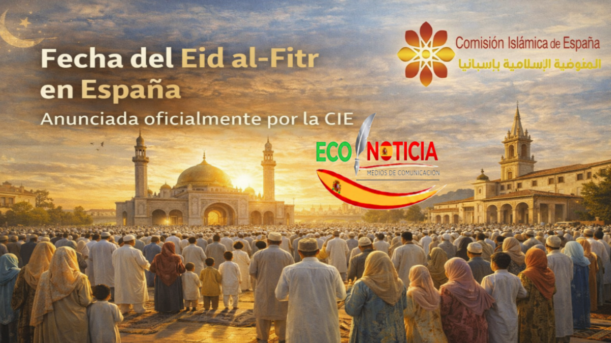 Fecha del Eid al-Fitr en España anunciada por la Comisión Islámica de España con imagen de oración الجماعية