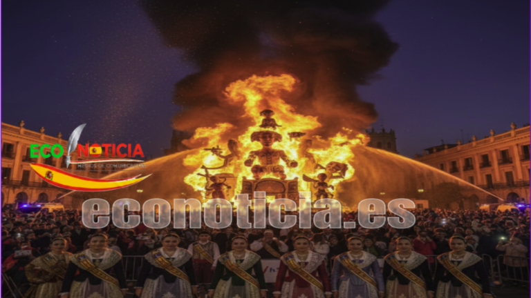 Celebración del Festival de las Fallas en Valencia con fuego y monumentos tradicionales.