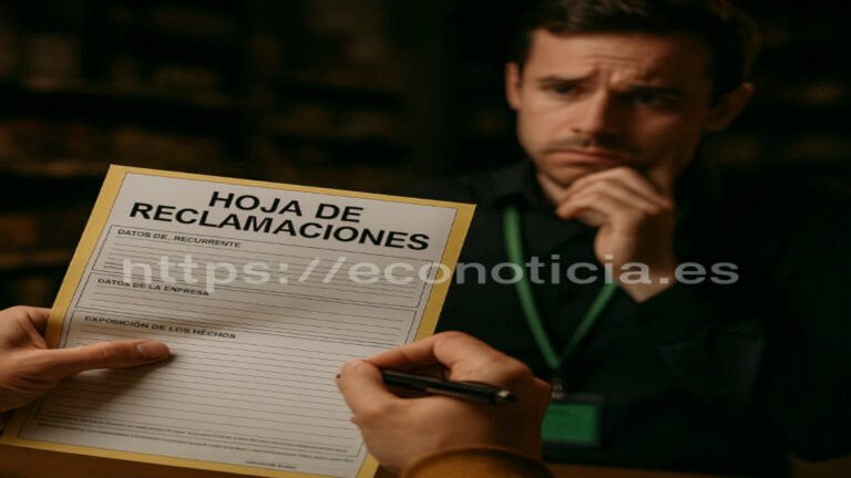 Consumidor firmando una Hoja de Reclamaciones ante un vendedor preocupado en España - ECO NOTICIA