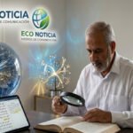 Un investigador estudiando los textos sagrados del mandeísmo con elementos simbólicos del Mundo de la Luz y el logo de ECO NOTICIA.