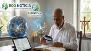 Un investigador estudiando los textos sagrados del mandeísmo con elementos simbólicos del Mundo de la Luz y el logo de ECO NOTICIA.