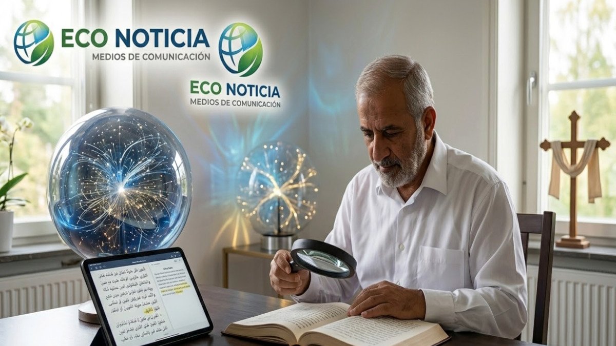 Un investigador estudiando los textos sagrados del mandeísmo con elementos simbólicos del Mundo de la Luz y el logo de ECO NOTICIA.