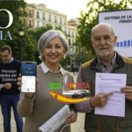 Jubilados felices en un parque de España con documentos del sistema de la Seguridad Social y el importe de la pensión media