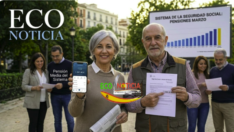 Jubilados felices en un parque de España con documentos del sistema de la Seguridad Social y el importe de la pensión media