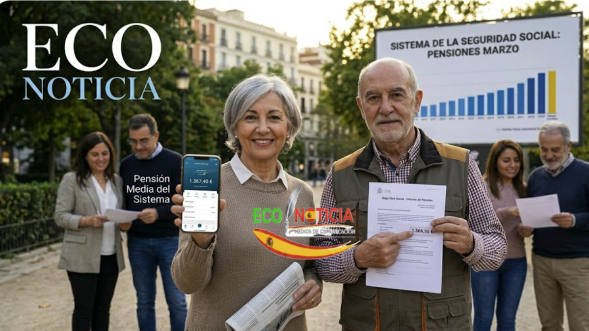 Jubilados felices en un parque de España con documentos del sistema de la Seguridad Social y el importe de la pensión media