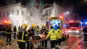 Fotografía documental del rescate dramático de menores atrapados tras el derrumbe parcial del antiguo hospital de Esparreguera. Bomberos de la Generalitat y el SEM trabajando con drones y ambulancias marked 'SEM - AMBULÀNCIA' y 'BOMBERS'.