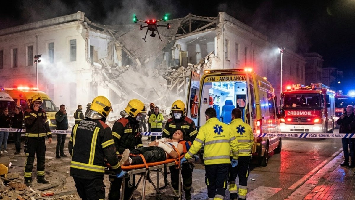 Fotografía documental del rescate dramático de menores atrapados tras el derrumbe parcial del antiguo hospital de Esparreguera. Bomberos de la Generalitat y el SEM trabajando con drones y ambulancias marked 'SEM - AMBULÀNCIA' y 'BOMBERS'.