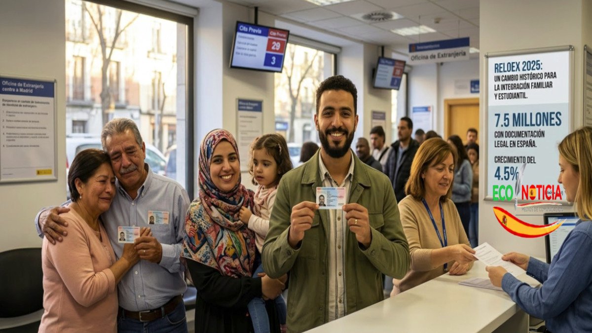 Inmigrantes recibiendo tarjetas TIE en la Oficina de Extranjería para acreditar su residencia legal en España.