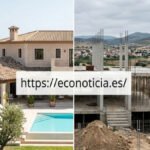 Comparativa entre una villa terminada y una obra parada en España para ilustrar los riesgos inmobiliarios.