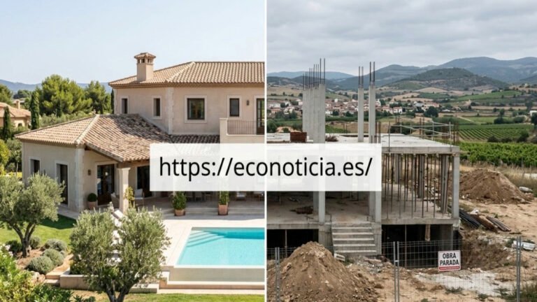 Comparativa entre una villa terminada y una obra parada en España para ilustrar los riesgos inmobiliarios.