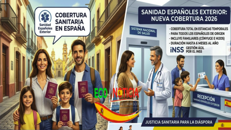 Infografía sobre Sanidad Españoles Exterior mostrando la cobertura médica en España para, incluyendo familiares y gestión por el INSS.