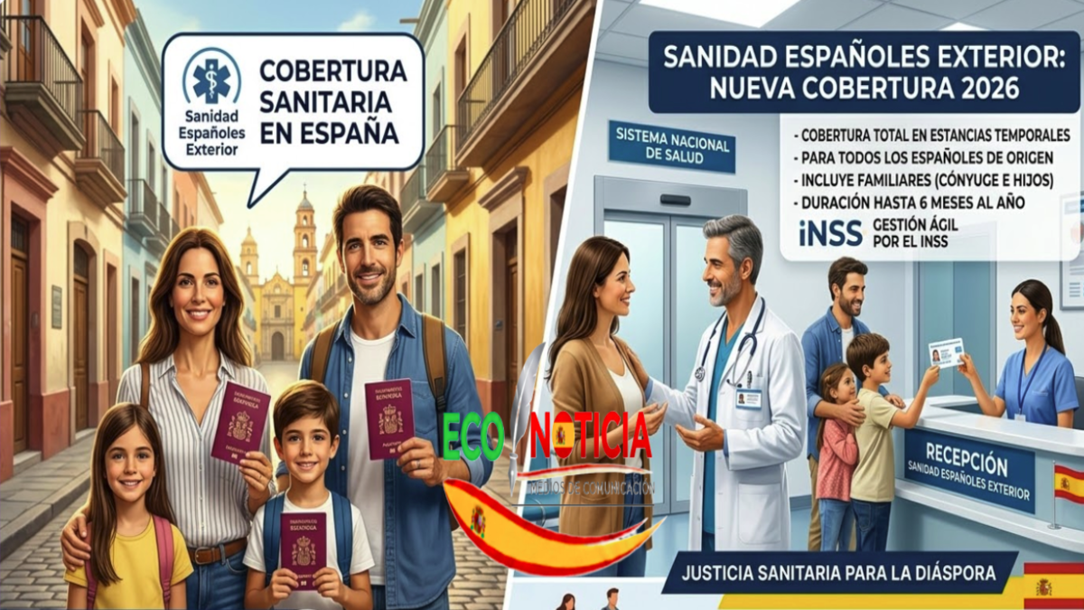 Infografía sobre Sanidad Españoles Exterior mostrando la cobertura médica en España para, incluyendo familiares y gestión por el INSS.