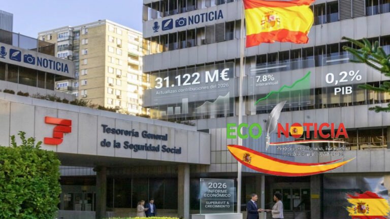 A composite image showing the official Tesorería General de la Seguridad Social building in Madrid with a transparent display of positive fiscal graphs and '0,2% PIB' text, representing a successful fiscal report.