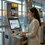 Una viajera internacional utiliza un quiosco automático para el registro biométrico facial y dactilar del Sistema EES España en el aeropuerto Adolfo Suárez Madrid-Barajas.