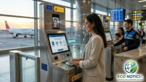 Una viajera internacional utiliza un quiosco automático para el registro biométrico facial y dactilar del Sistema EES España en el aeropuerto Adolfo Suárez Madrid-Barajas.