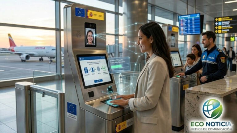 Una viajera internacional utiliza un quiosco automático para el registro biométrico facial y dactilar del Sistema EES España en el aeropuerto Adolfo Suárez Madrid-Barajas.