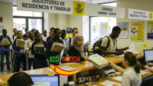 Inmigrantes entregando carpetas de solicitud de residencia y trabajo en una oficina de Correos en Madrid para el proceso de regularización.