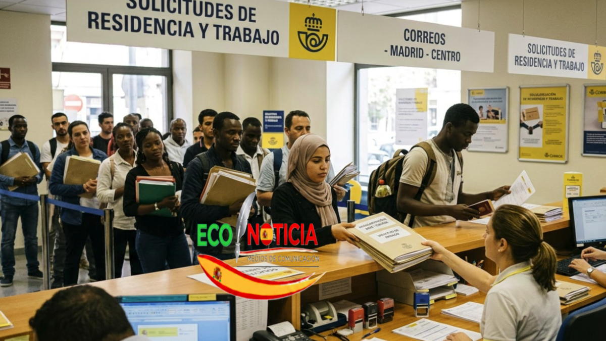 Inmigrantes entregando carpetas de solicitud de residencia y trabajo en una oficina de Correos en Madrid para el proceso de regularización.