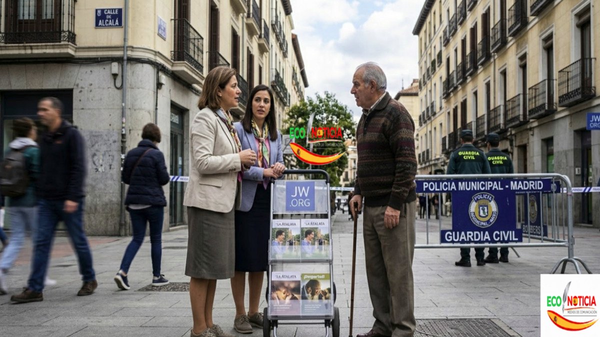 Dos Testigos de Jehová, una madre y su hija, conversando con un hombre mayor español durante su actividad de predicación en una calle de Madrid con carritos de literatura de jw.org y revistas.