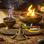 Símbolos del zoroastrismo con fuego sagrado y el libro Avesta sobre una alfombra persa