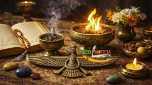 Símbolos del zoroastrismo con fuego sagrado y el libro Avesta sobre una alfombra persa