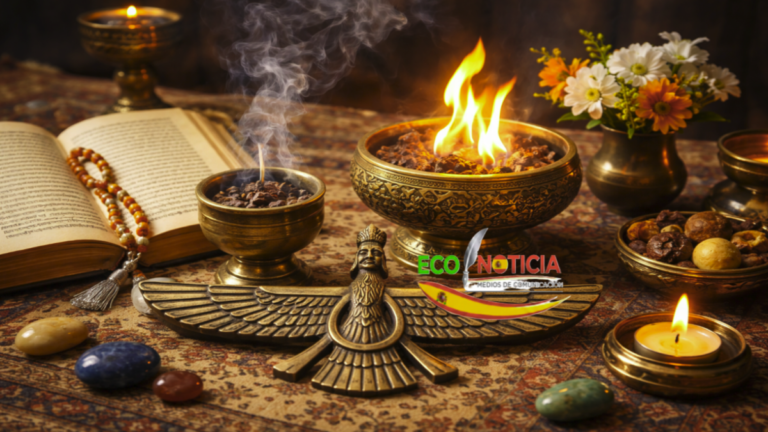 Símbolos del zoroastrismo con fuego sagrado y el libro Avesta sobre una alfombra persa