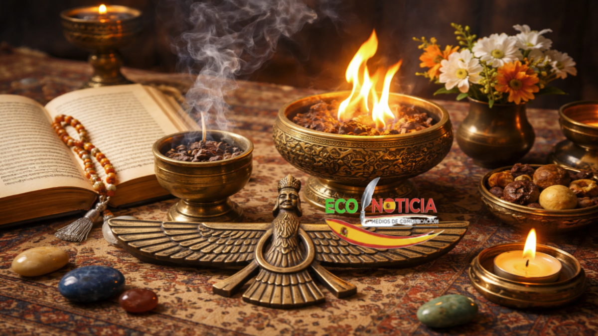 Símbolos del zoroastrismo con fuego sagrado y el libro Avesta sobre una alfombra persa