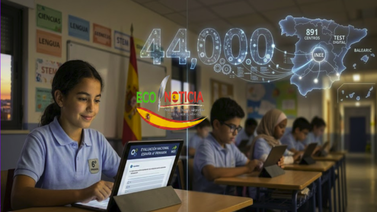 Alumnos de primaria realizando el examen digital mientras España adopta una evaluación nacional unificada en las escuelas para 44,000 estudiantes.