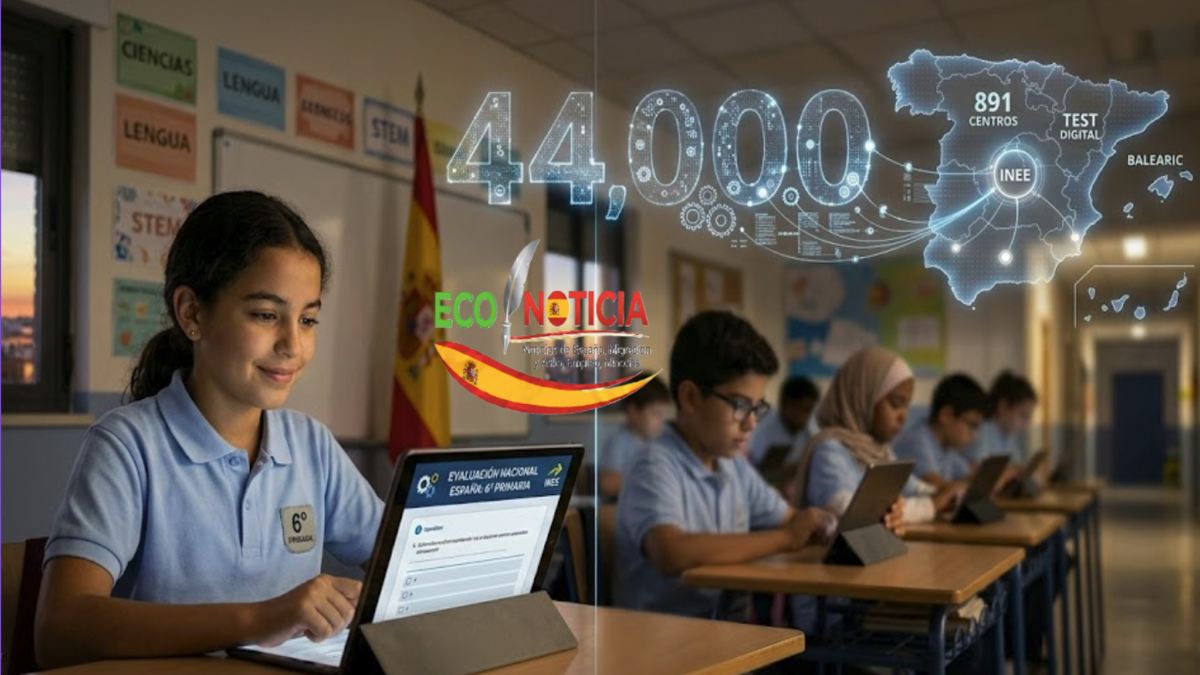 Alumnos de primaria realizando el examen digital mientras España adopta una evaluación nacional unificada en las escuelas para 44,000 estudiantes.