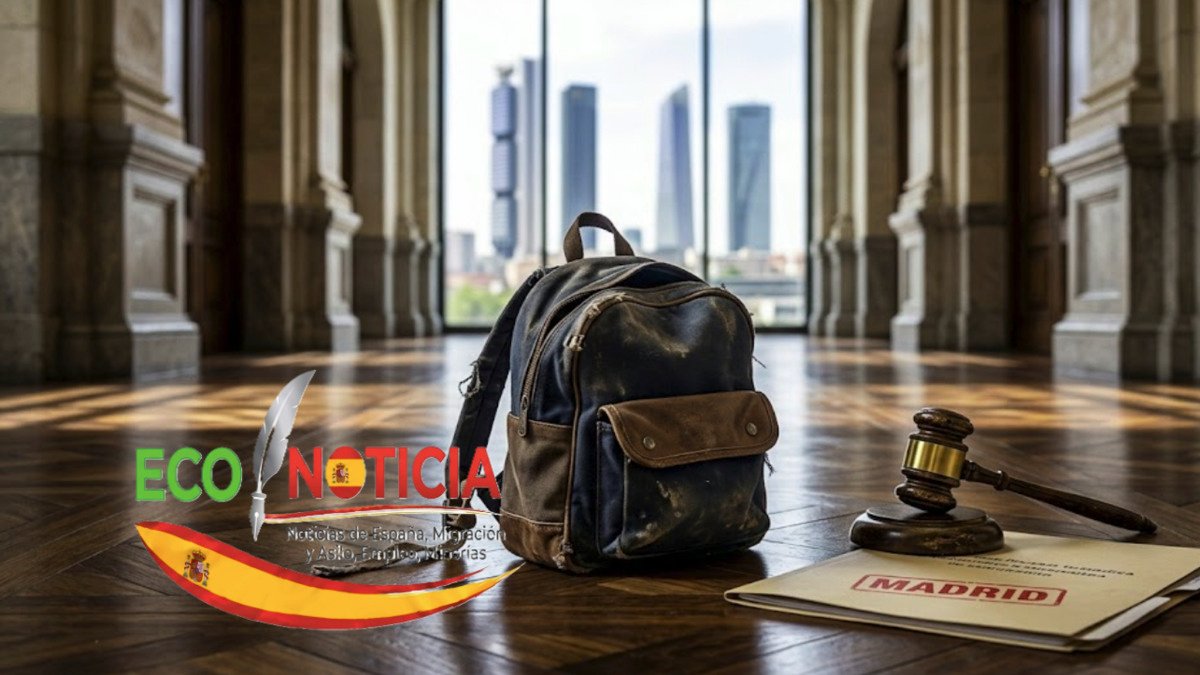 Representación conceptual del conflicto por la acogida de menores migrantes en Madrid con elementos legales.