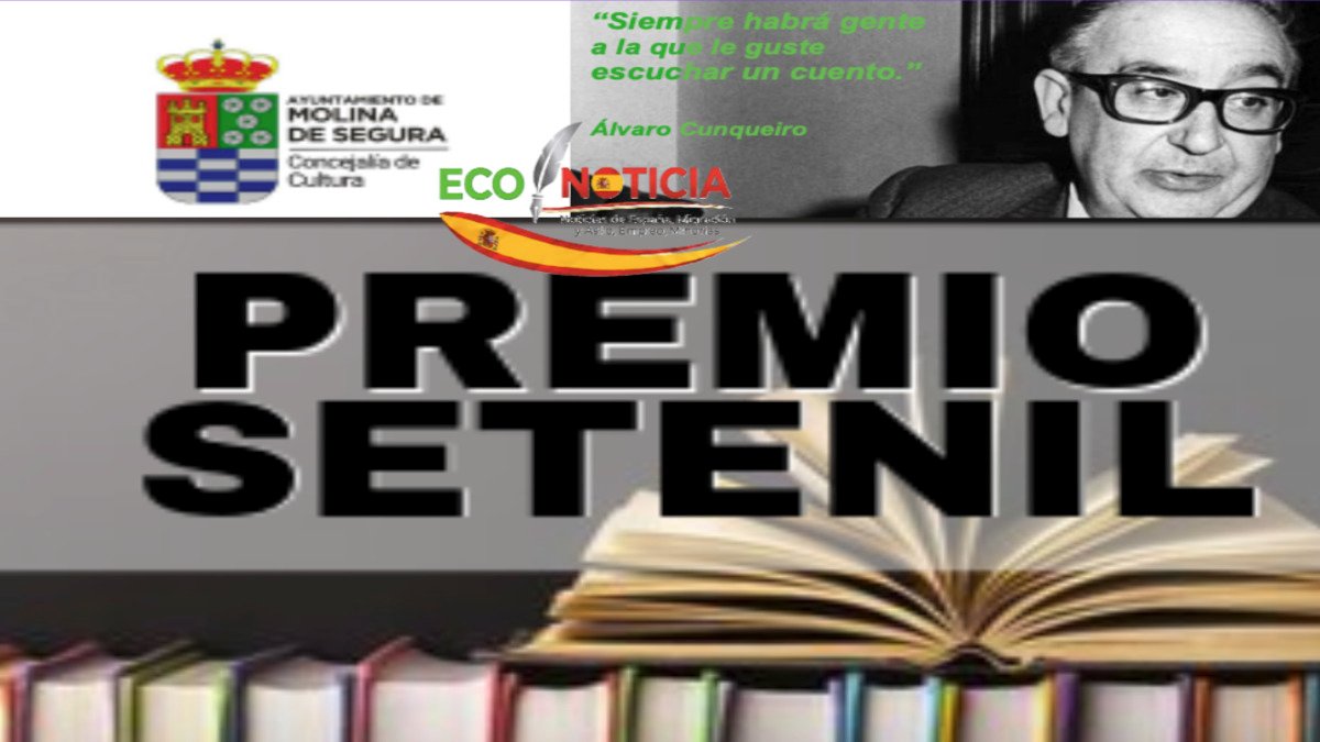 Cartel informativo del XXIII Premio Setenil 2026 con los logos del Ayuntamiento de Molina de Segura y ECO NOTICIA sobre una pila de libros.