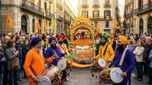 Celebración colorida del Vaisakhi en las calles de Barcelona, con hombres sijs con turbantes naranjas y azules, banderas Nishan Sahib y el logo de ECO NOTICIA.