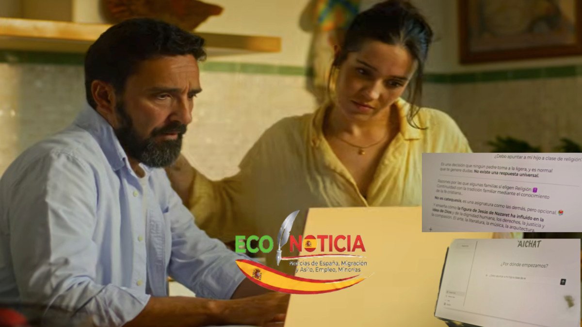 Pareja joven consultando a la inteligencia artificial sobre la elección de las clases de religión católica para sus hijos.