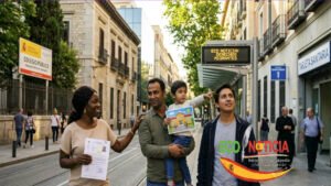Familias diversas en una calle de España mostrando documentos de residencia legal, con señales de centros de salud y colegios públicos de fondo.