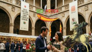 Un mercado callejero en Barcelona lleno de puestos de libros y rosas para celebrar el Día de Sant Jordi en Cataluña.