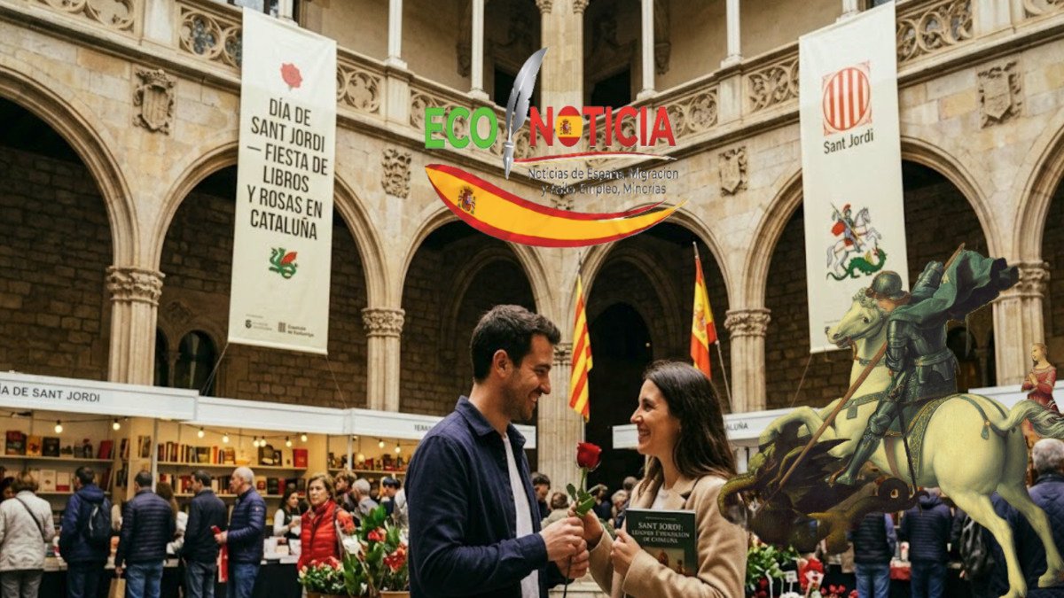 Un mercado callejero en Barcelona lleno de puestos de libros y rosas para celebrar el Día de Sant Jordi en Cataluña.